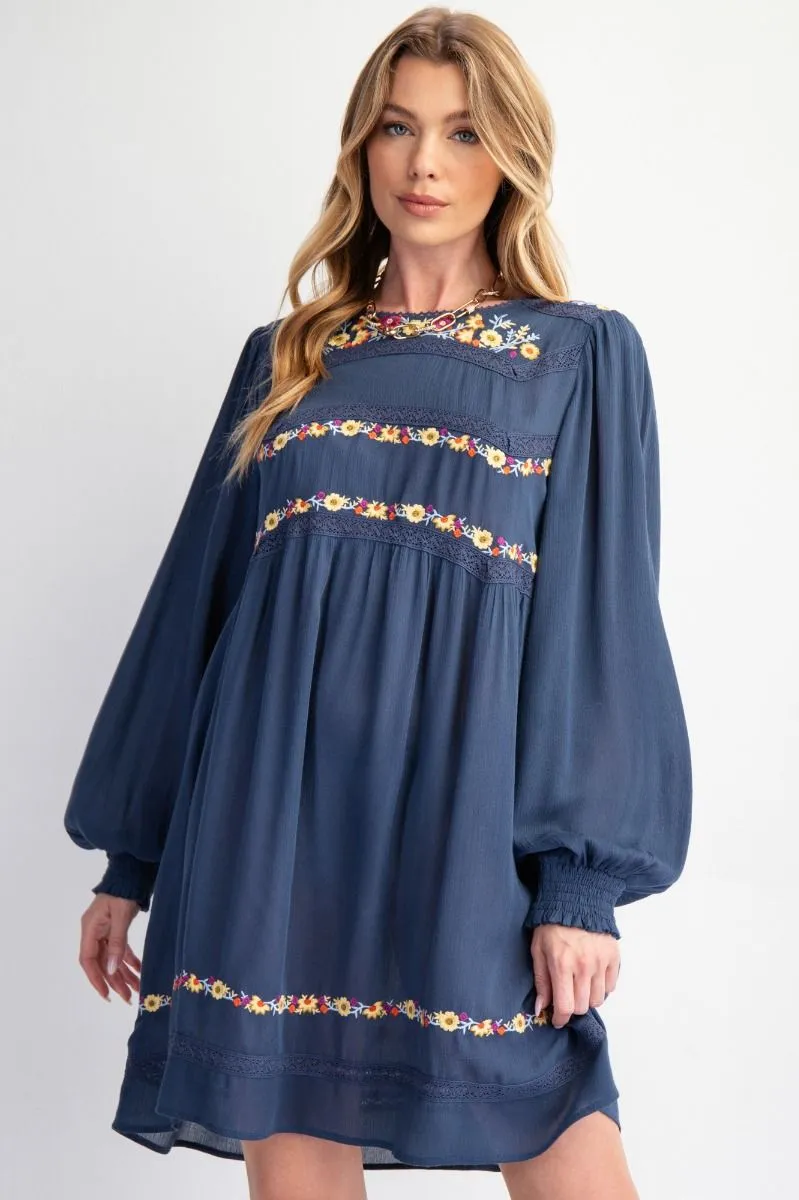 Denim Blue Floral Embroidered Woven Dress