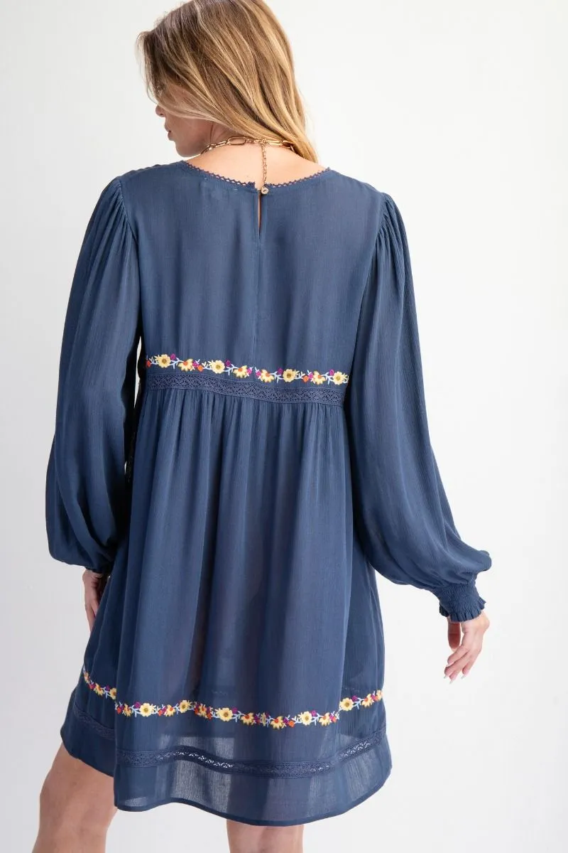 Denim Blue Floral Embroidered Woven Dress