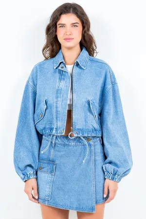 Denim Drawstring Waist Crop Denim Jacket