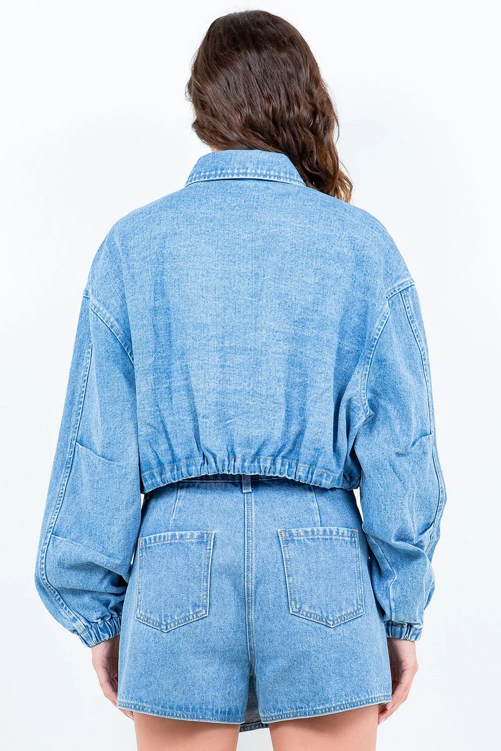 Denim Drawstring Waist Crop Denim Jacket