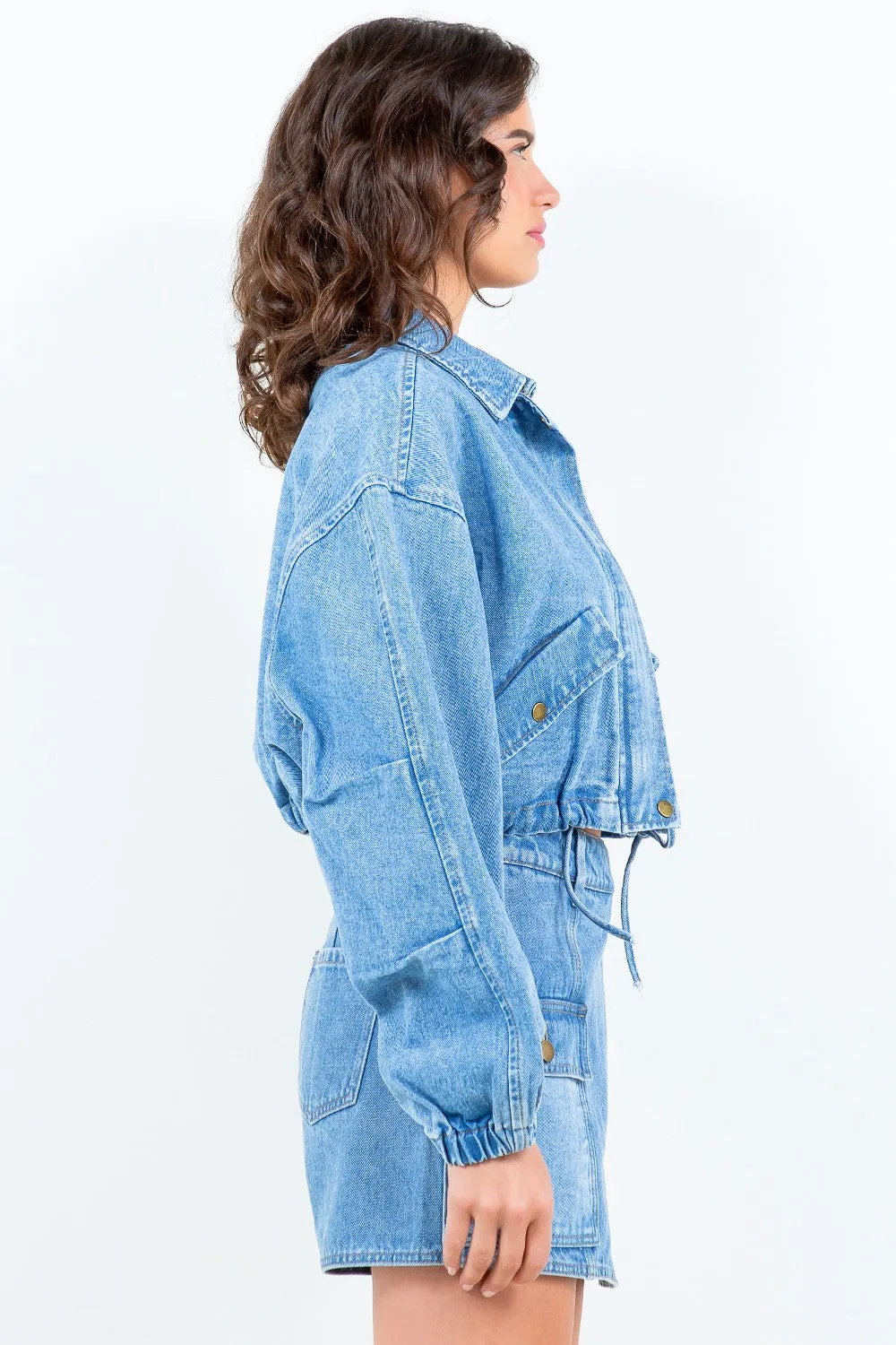 Denim Drawstring Waist Crop Denim Jacket