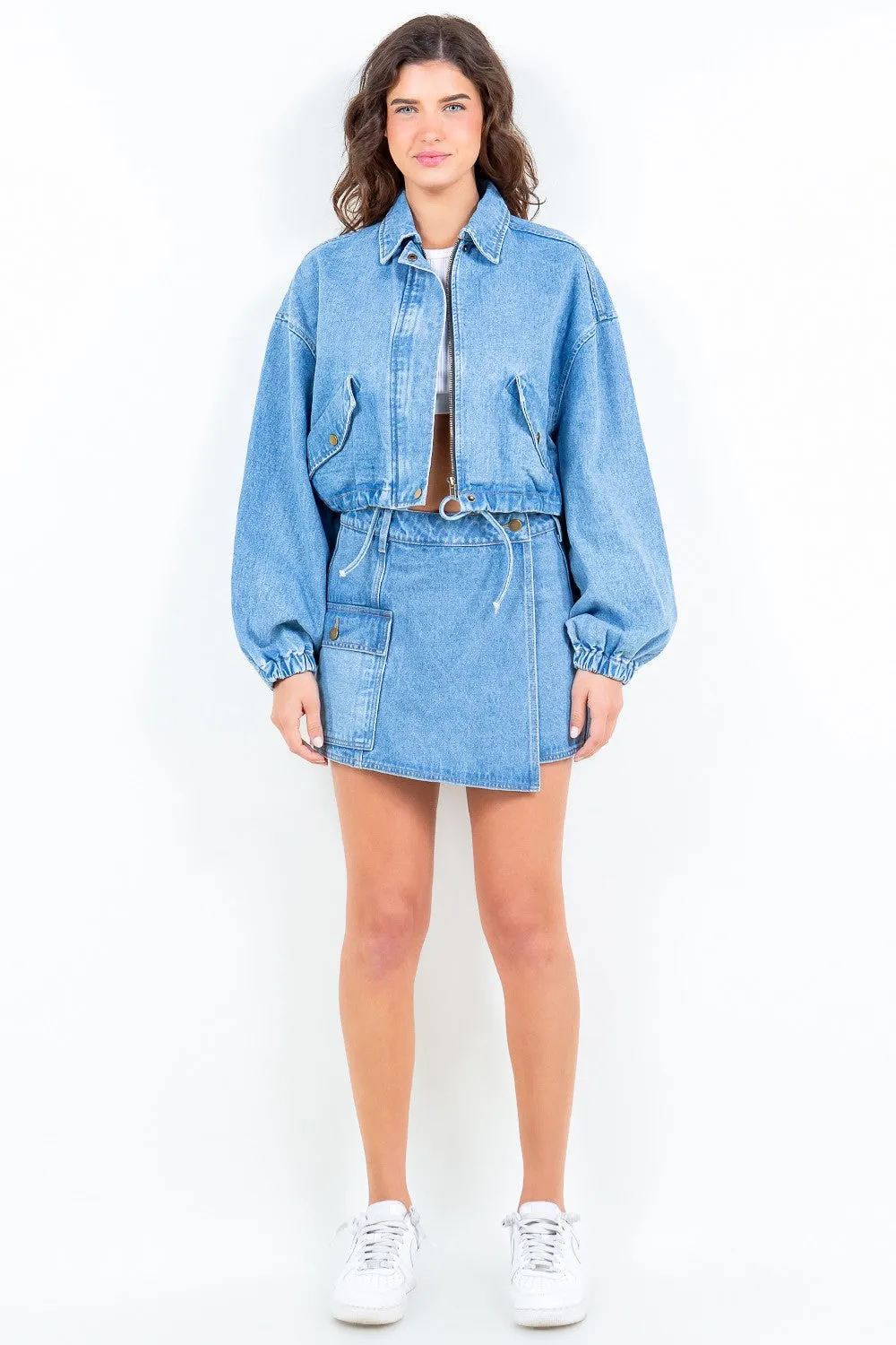 Denim Drawstring Waist Crop Denim Jacket