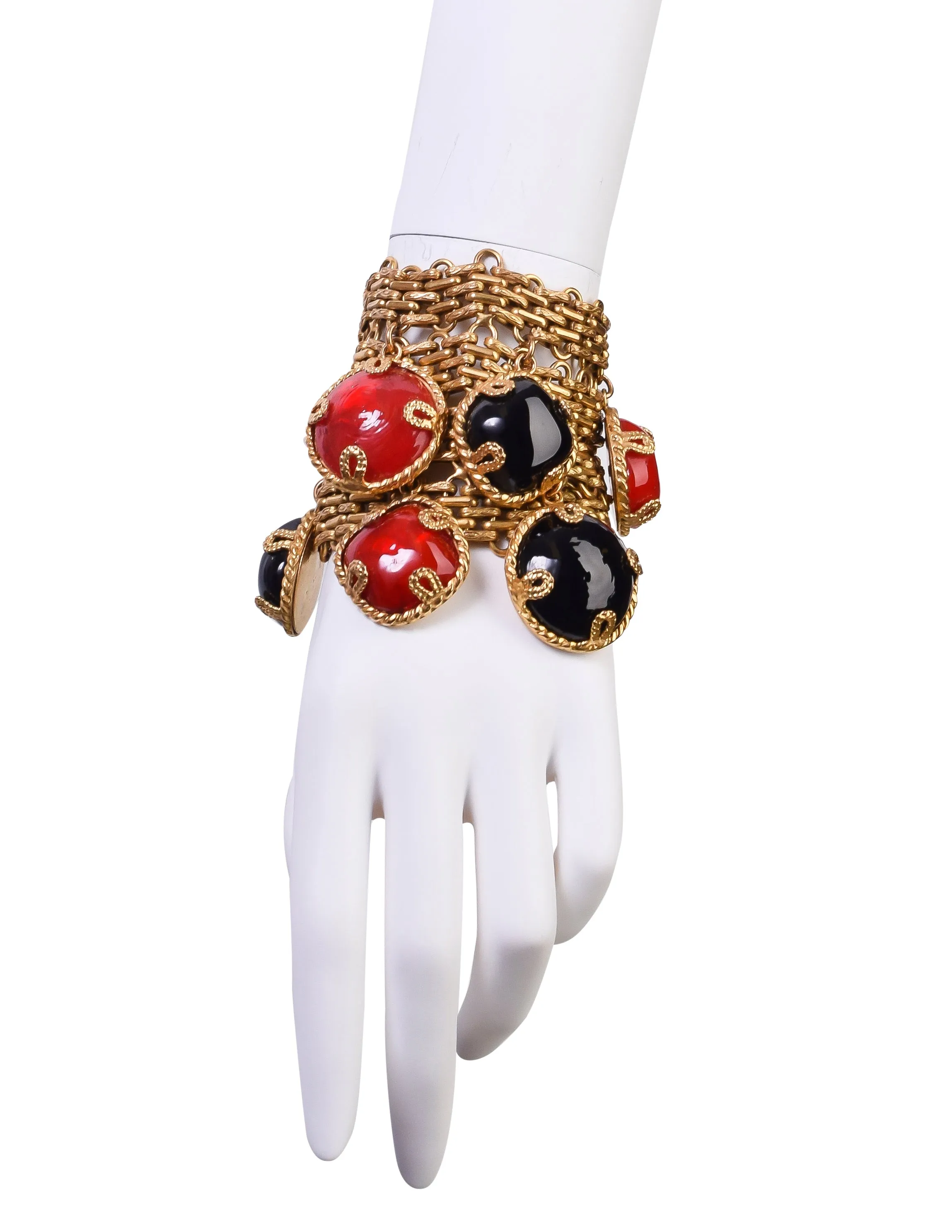 Dominique Aurientis Vintage Black Red Gripoix Charm Brassy Gold Wide Chain Bracelet