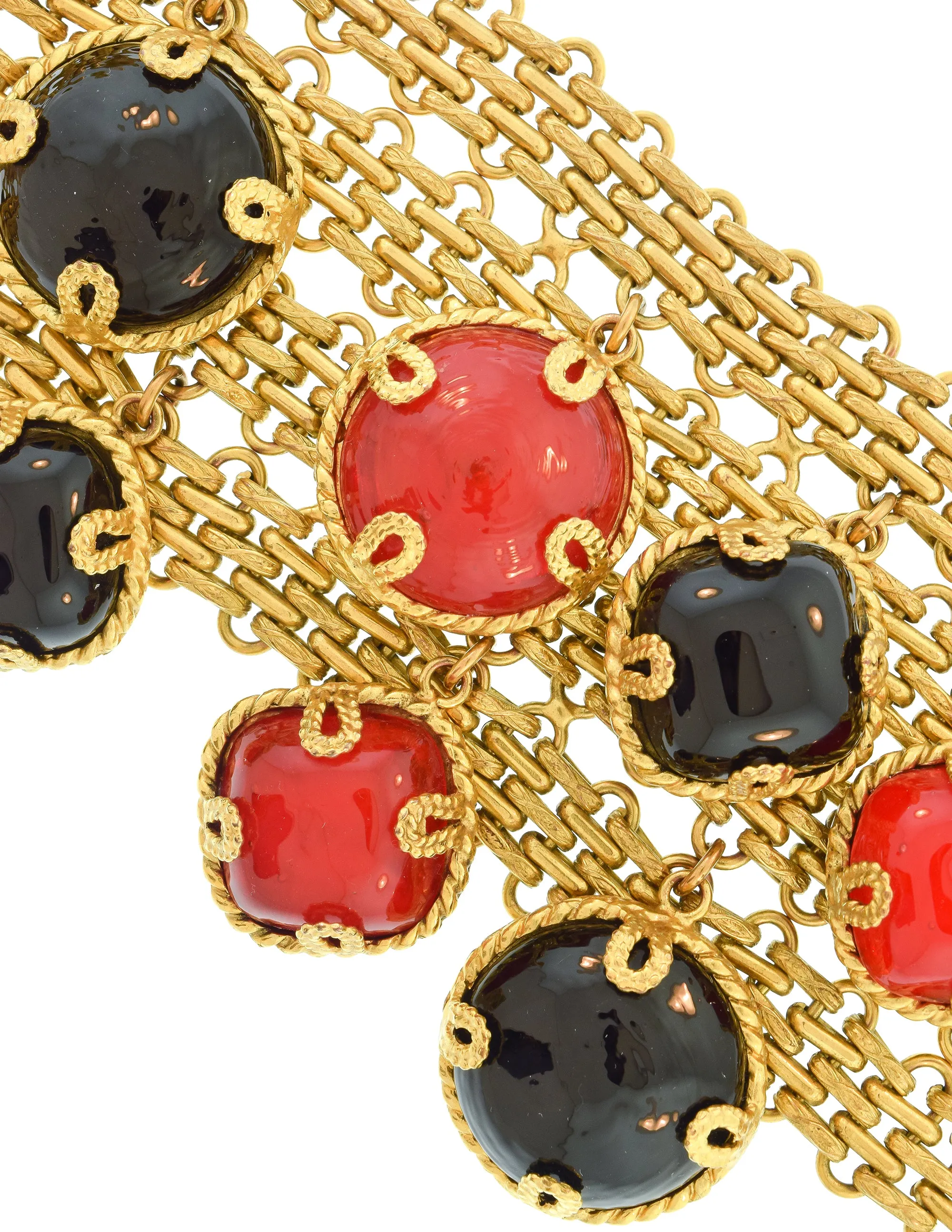 Dominique Aurientis Vintage Black Red Gripoix Charm Brassy Gold Wide Chain Bracelet