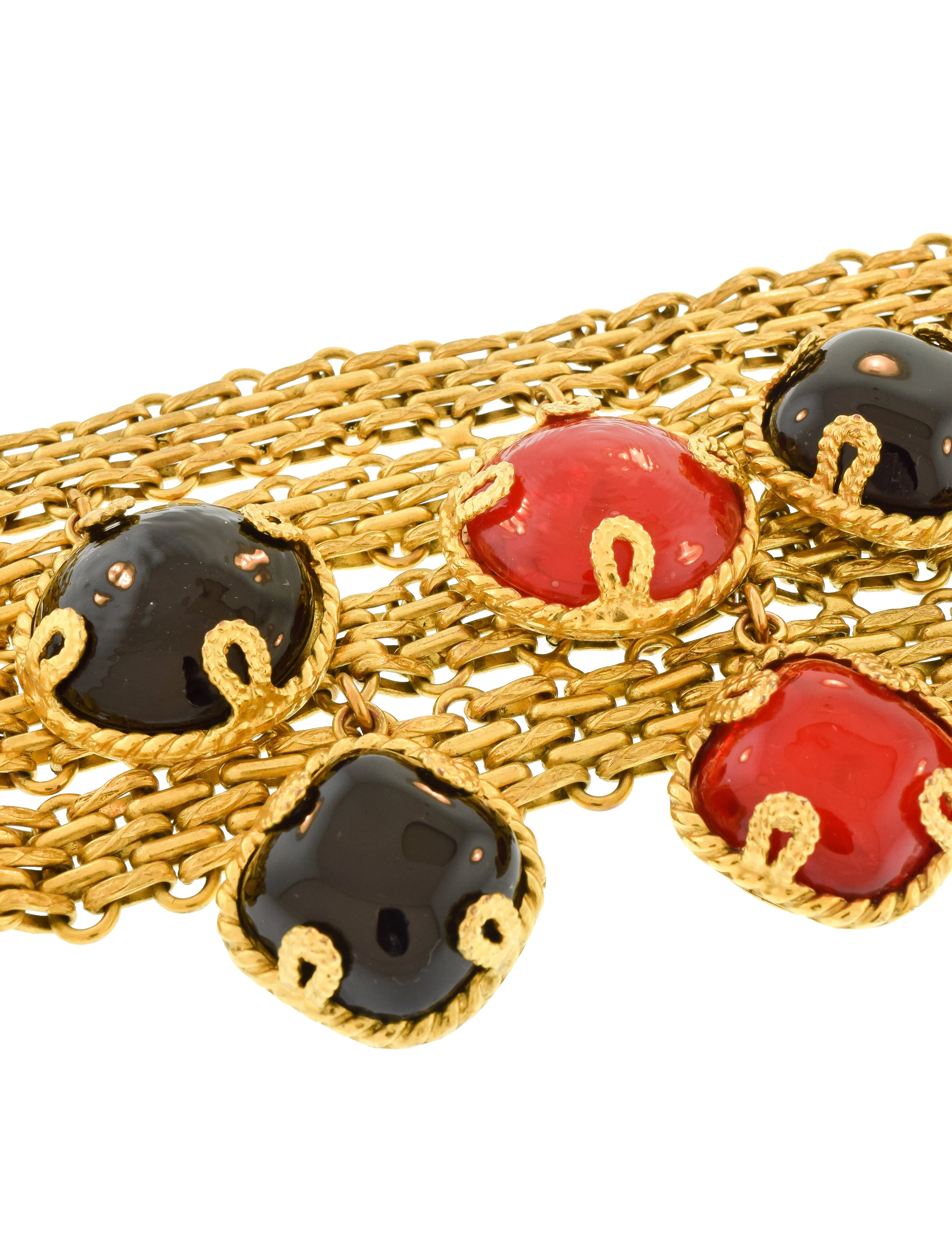 Dominique Aurientis Vintage Black Red Gripoix Charm Brassy Gold Wide Chain Bracelet