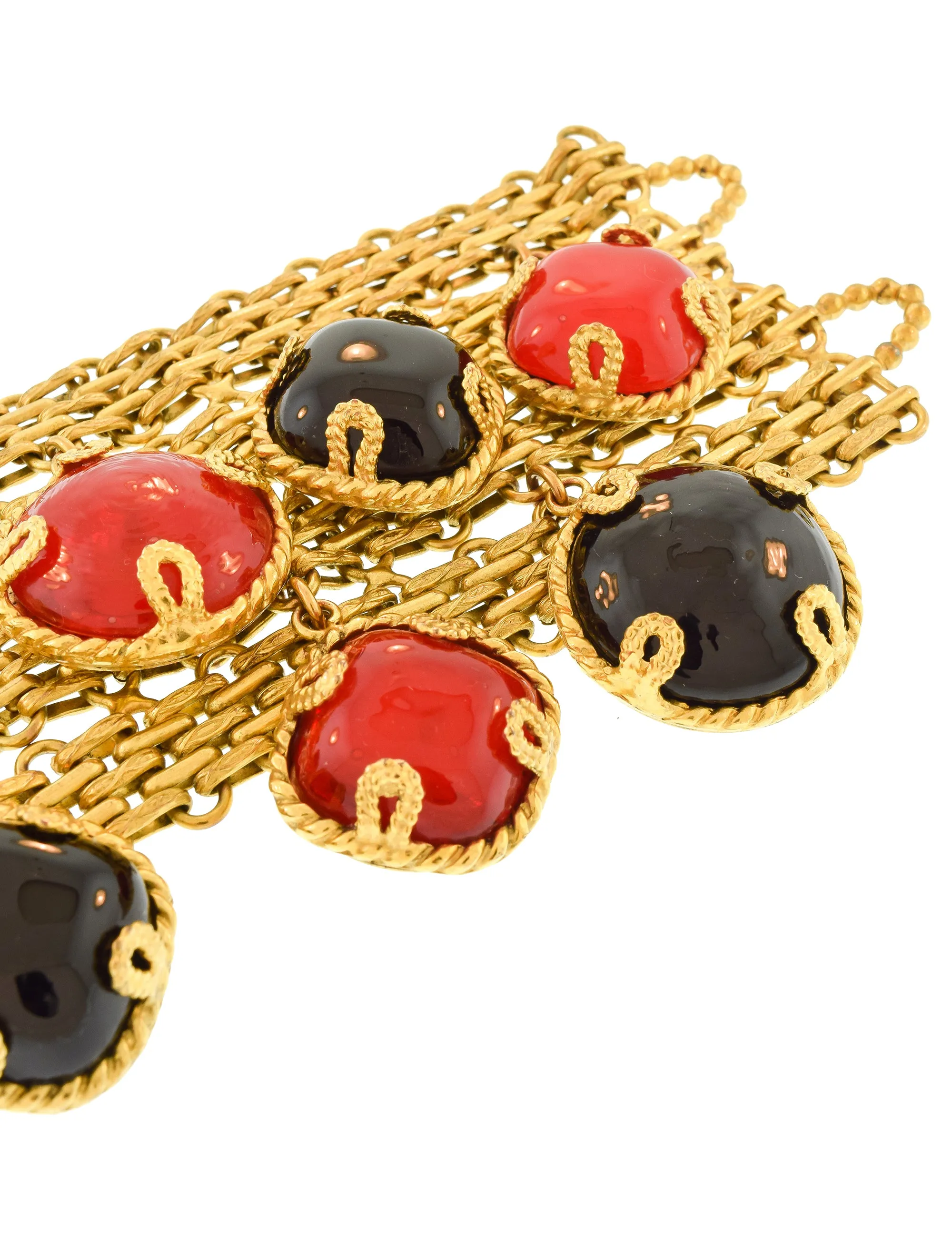 Dominique Aurientis Vintage Black Red Gripoix Charm Brassy Gold Wide Chain Bracelet