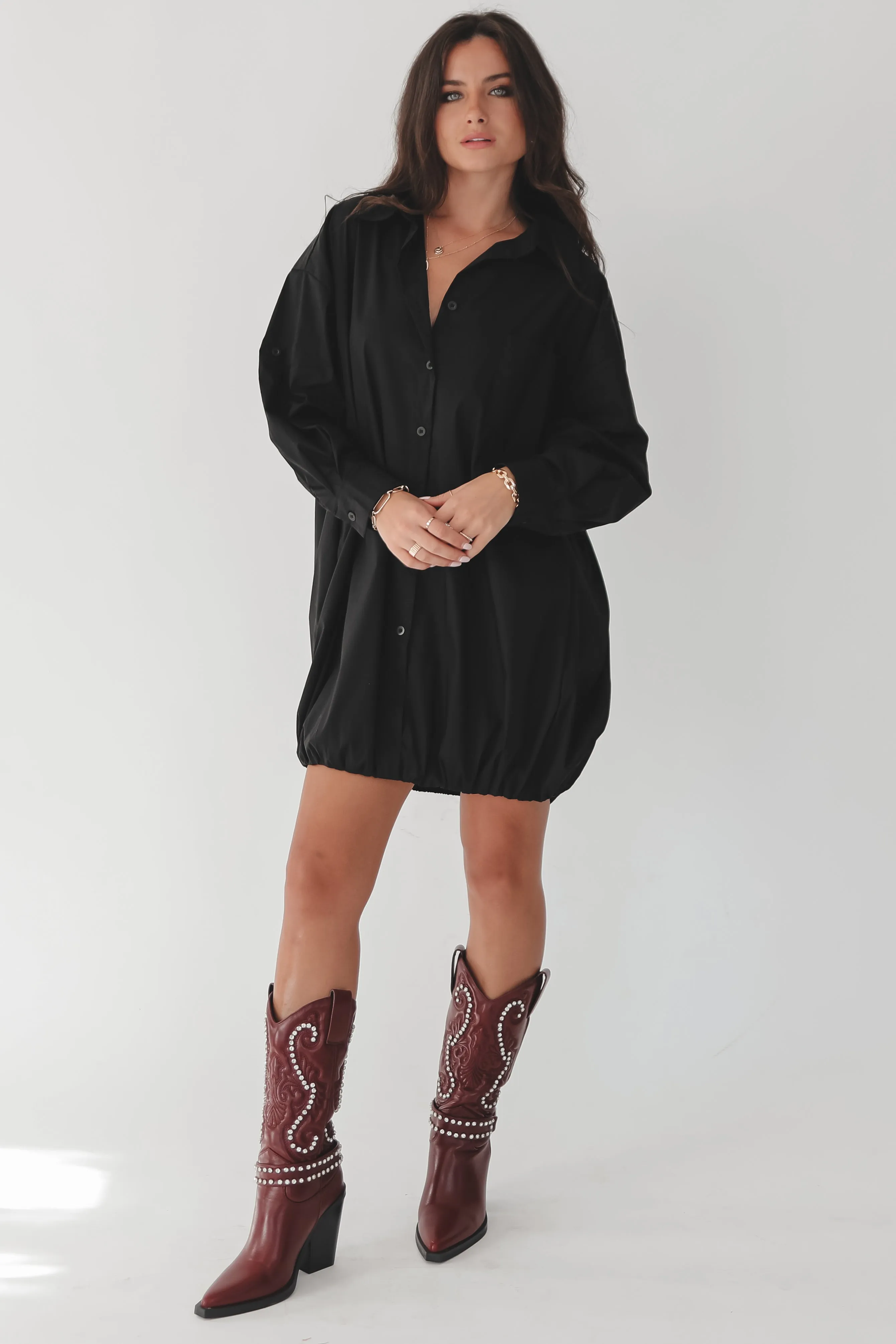 Dress Up Nice Black Bubble Button Up Shirt Dress