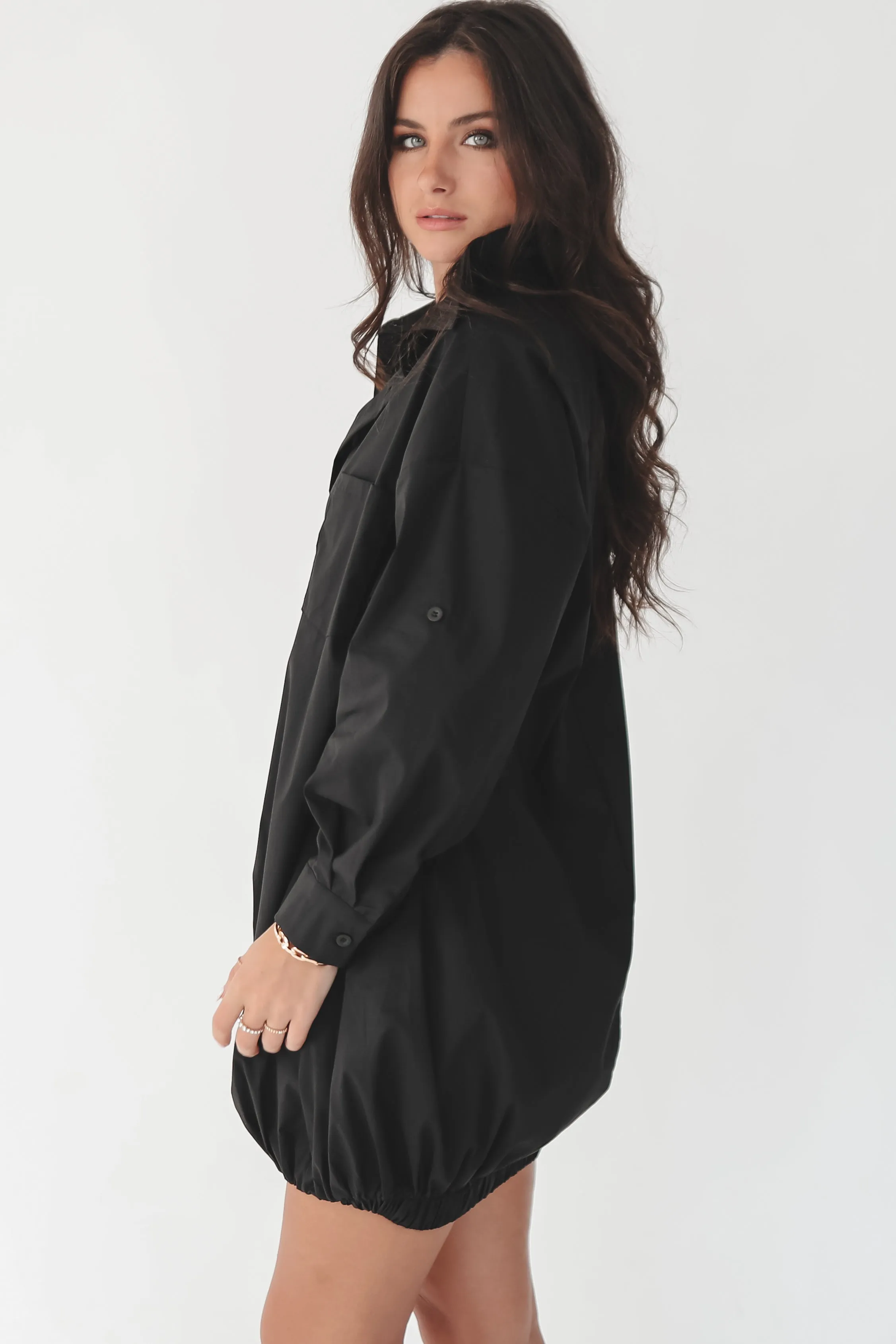 Dress Up Nice Black Bubble Button Up Shirt Dress