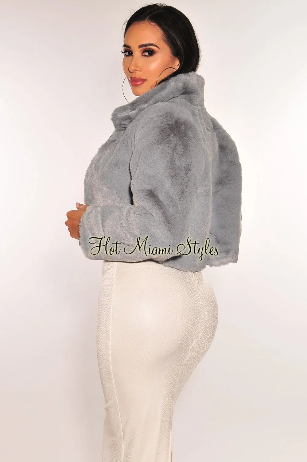 Dusty Blue Faux Fur Collared Long Sleeve Cropped Jacket