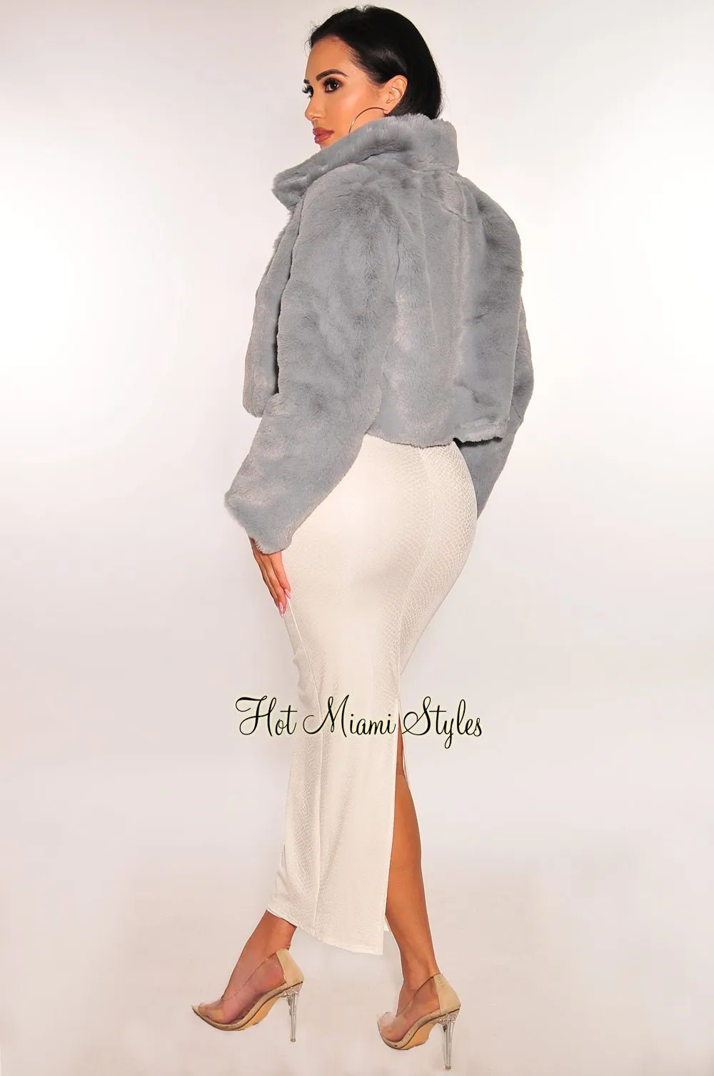 Dusty Blue Faux Fur Collared Long Sleeve Cropped Jacket