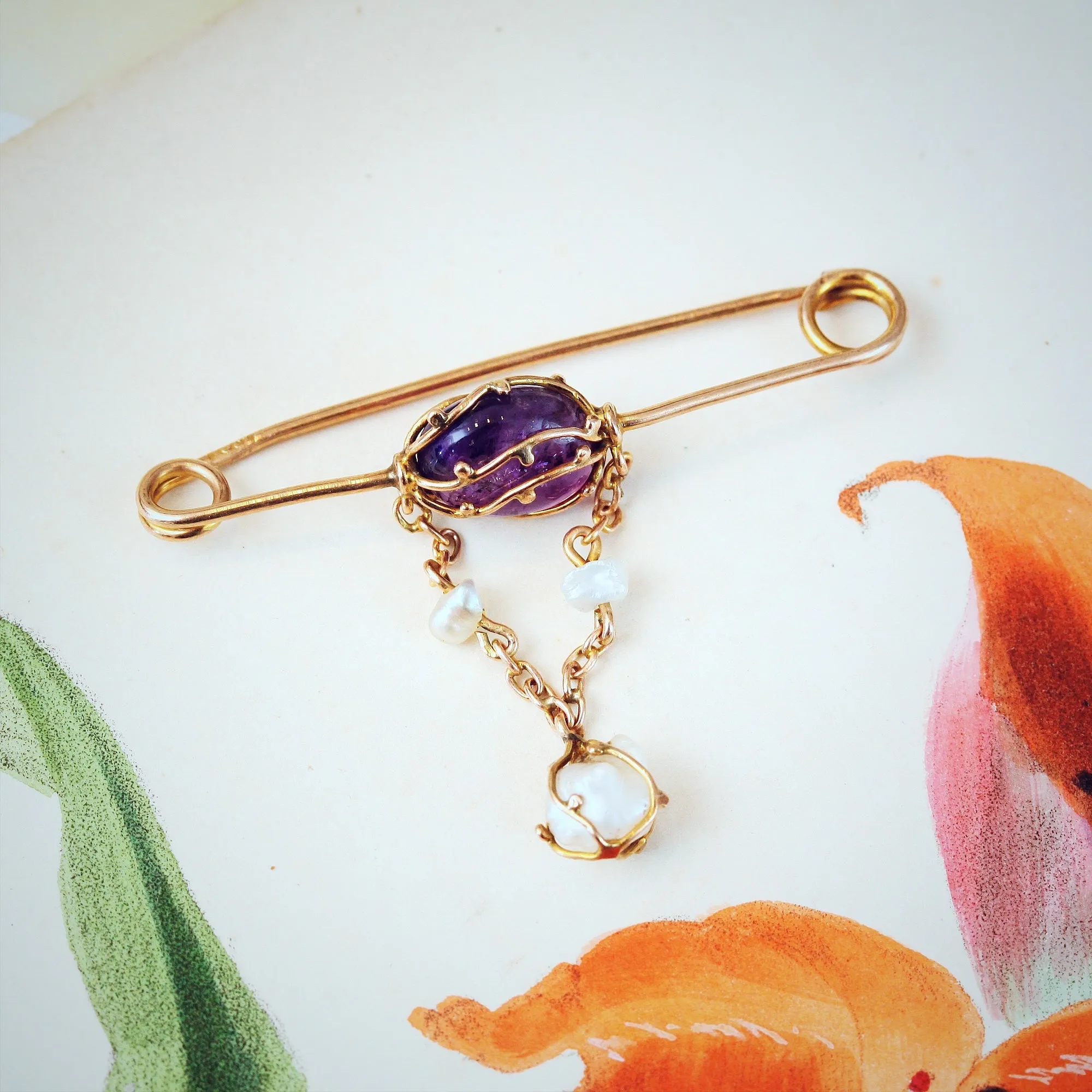 Edwardian Amethyst and Natural Pearl Brooch