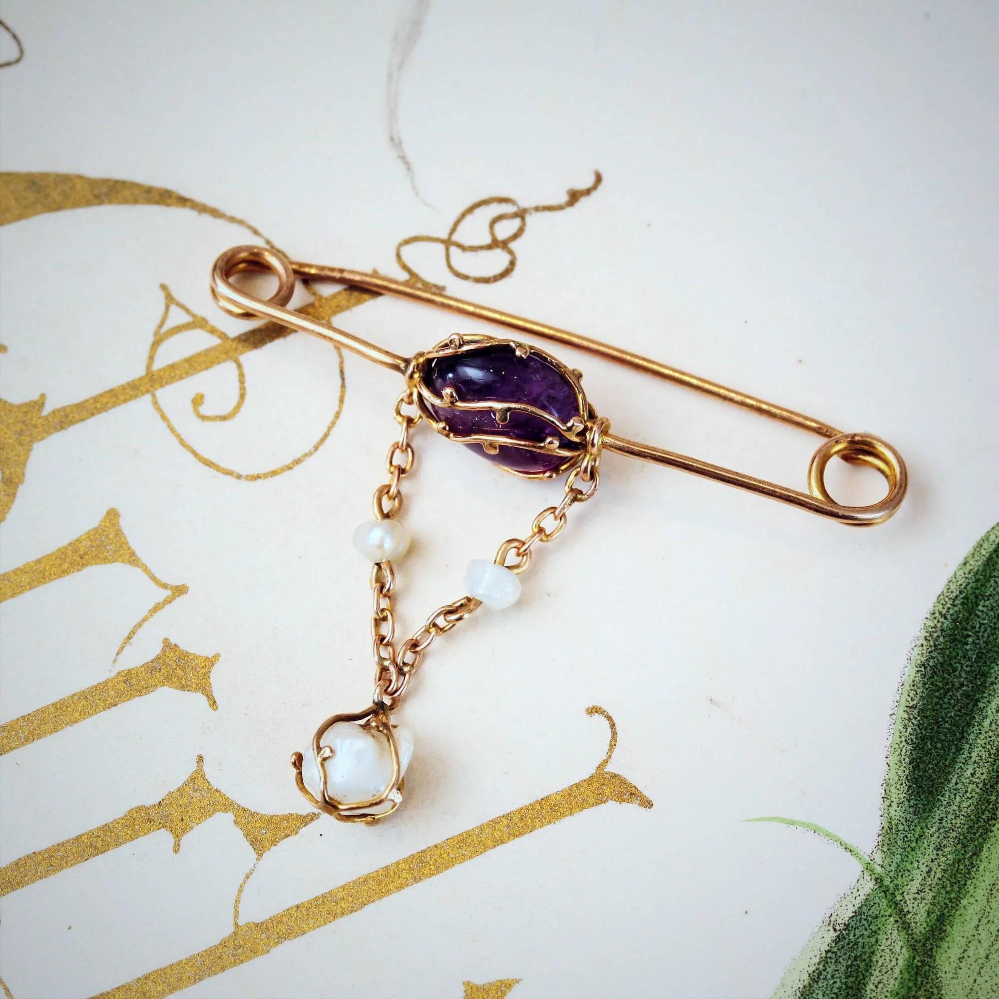 Edwardian Amethyst and Natural Pearl Brooch