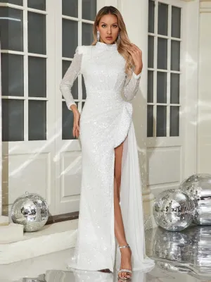 Effie Pearls Beaded Long Sleeve Sequins Gown Dress