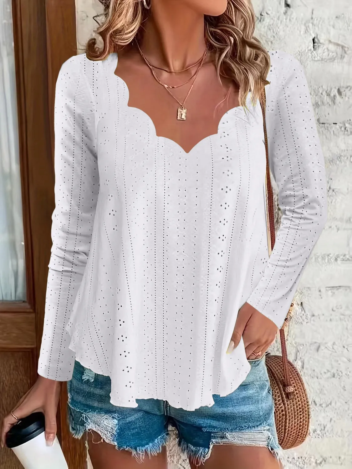 Eyelet Long Sleeve Blouse | Casual Blouse