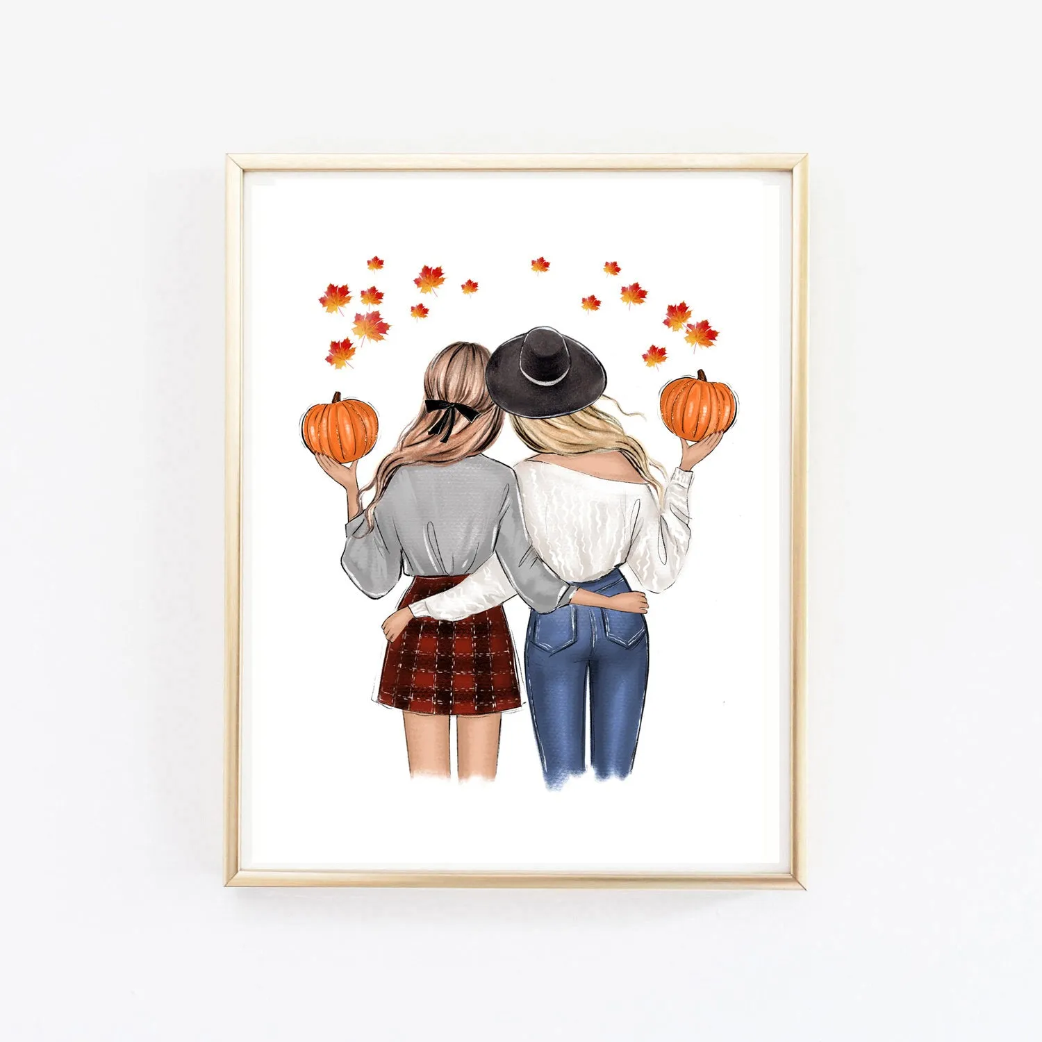 Fall fashion illustration art print of a girlfriends with pumpkins