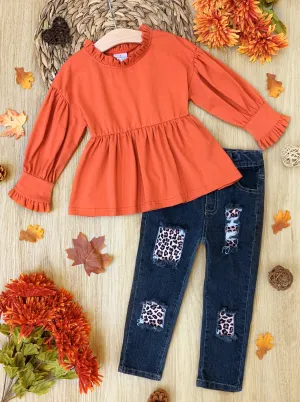 Fall Fun Leopard Patched Jeans Set