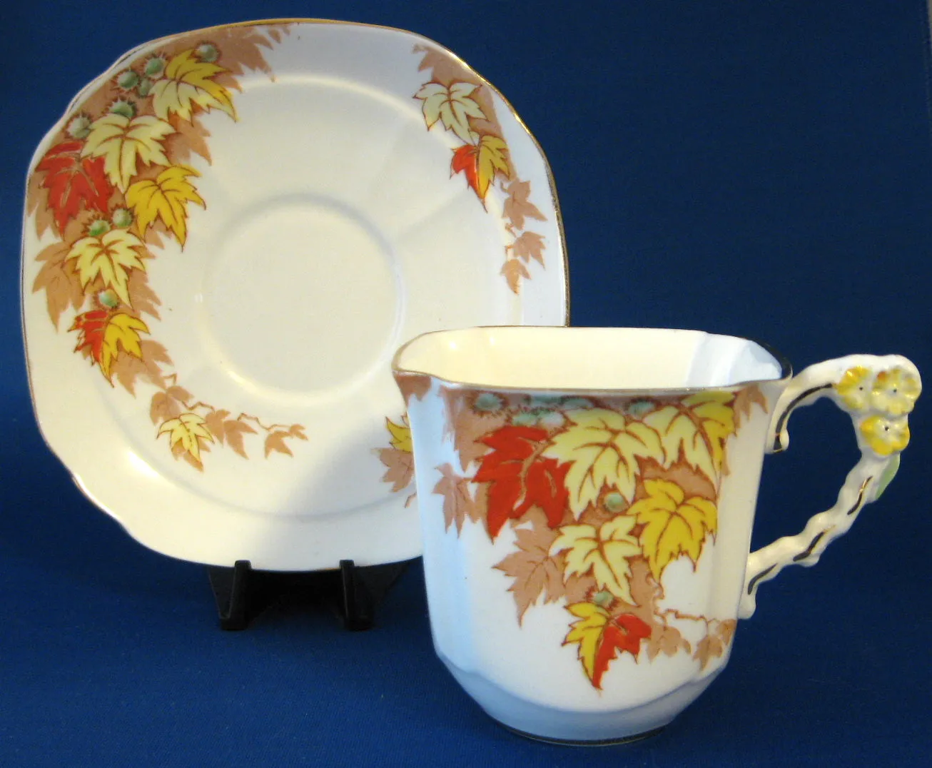 Fall Leaves Cup and Saucer Flower Handle Royal Stafford 1940s Square Cup