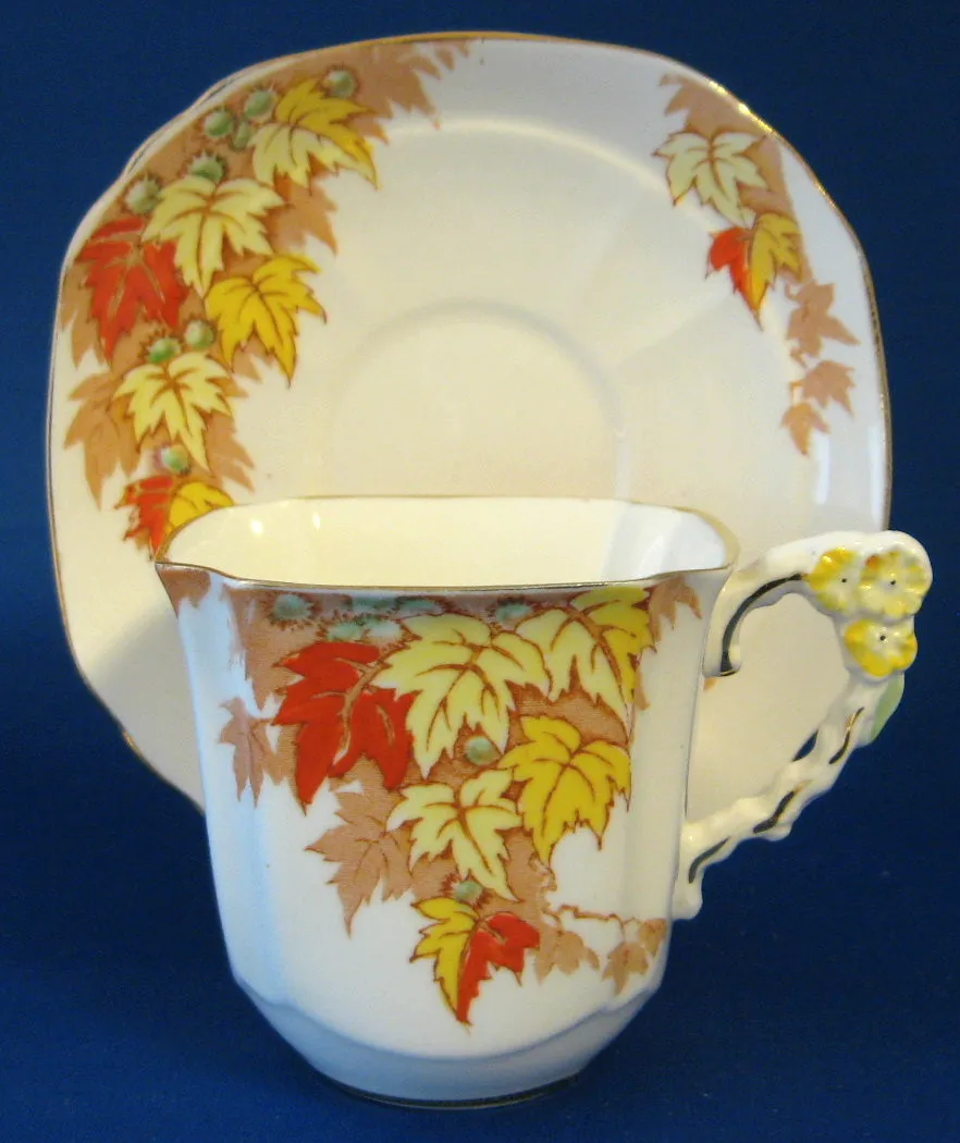 Fall Leaves Cup and Saucer Flower Handle Royal Stafford 1940s Square Cup