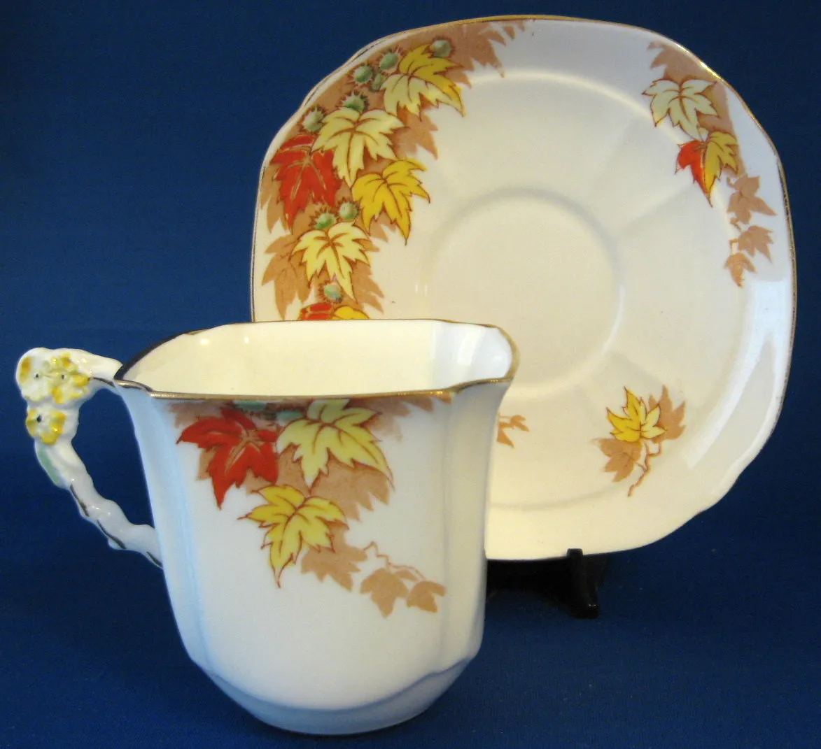 Fall Leaves Cup and Saucer Flower Handle Royal Stafford 1940s Square Cup