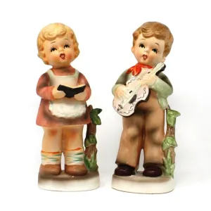 Figurine, Enesco, Boy Playing Guitar, Girl Singing Hand Painted, Vintage Set of 2