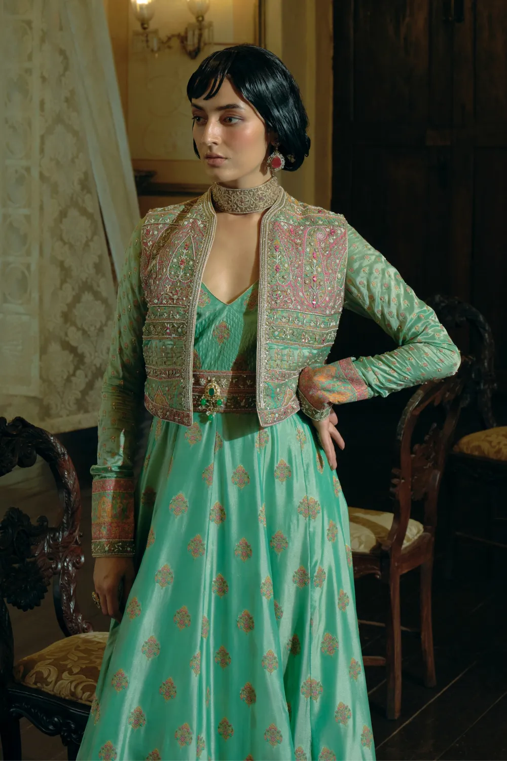 Firozi Green jacquard banarsi anarkali with cropped jacket set