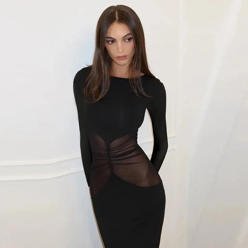 Fitted Black Dress with Unique Mesh Accents - Fall Fashion