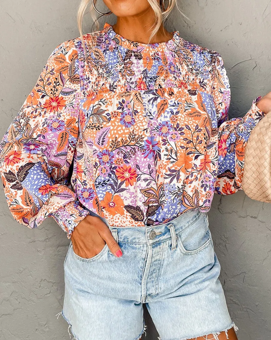 Floral Smocked Bishop Sleeve Blouse