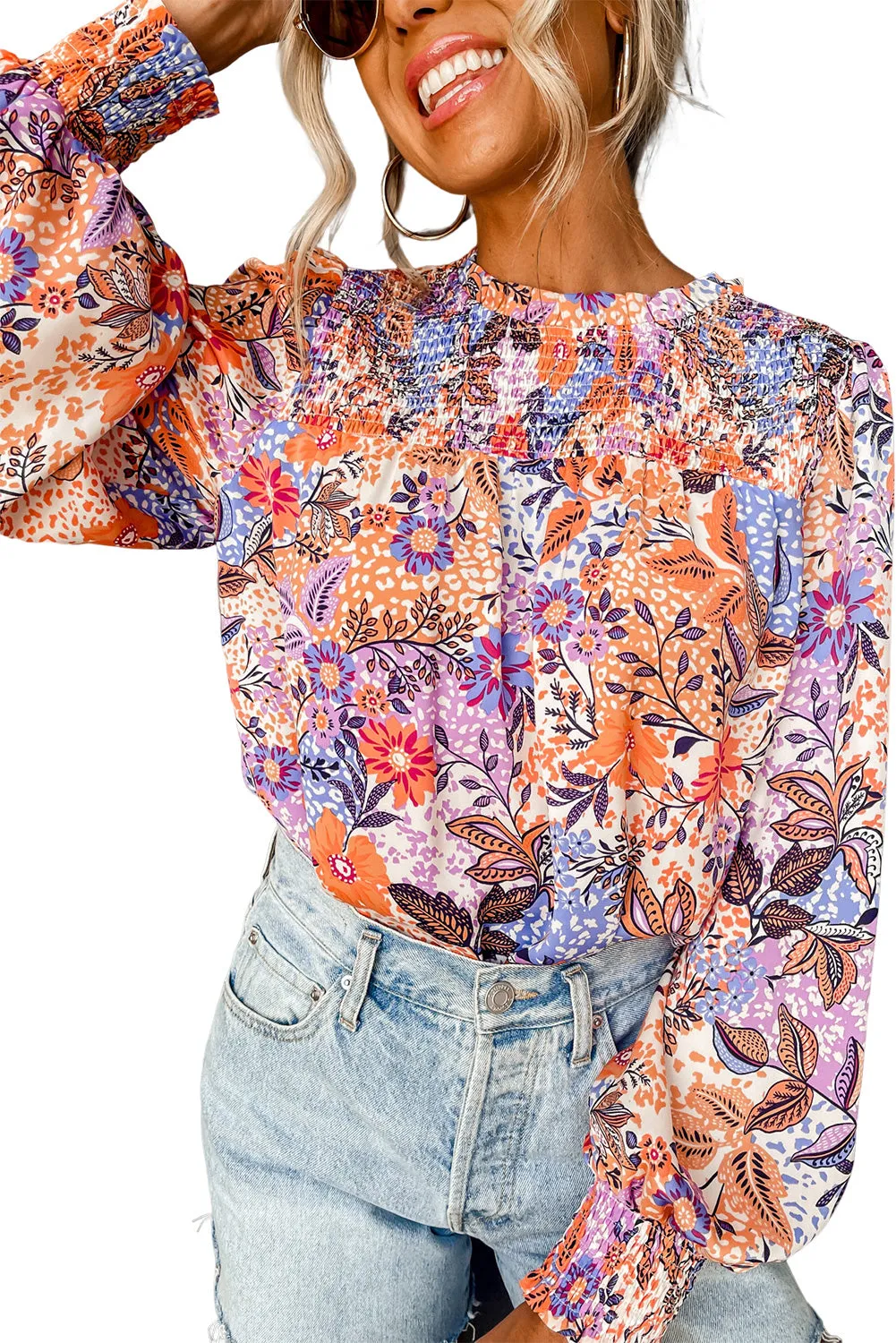 Floral Smocked Bishop Sleeve Blouse