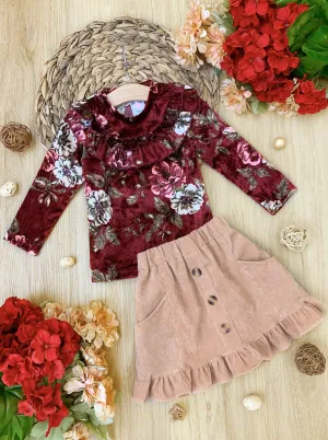 Flowers Bloom Velvet Top and Ruffle Skirt