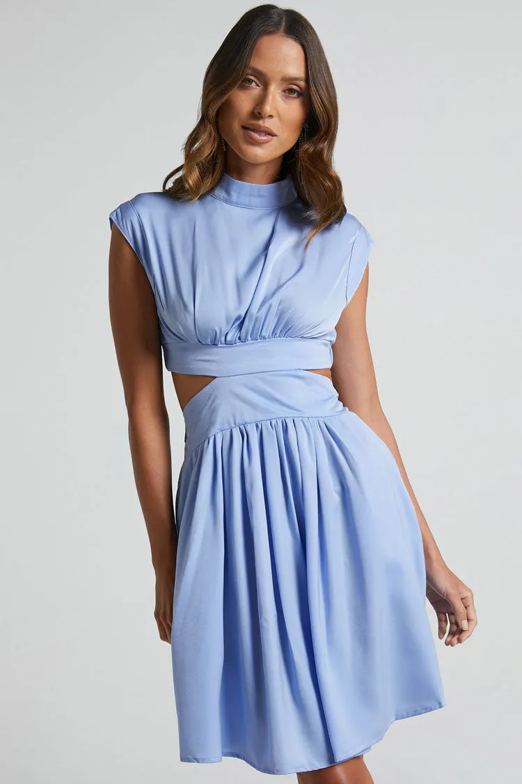 Flowy High Neck Ruched Trim Cutout Waist Summer Mini Sundress - Light Blue