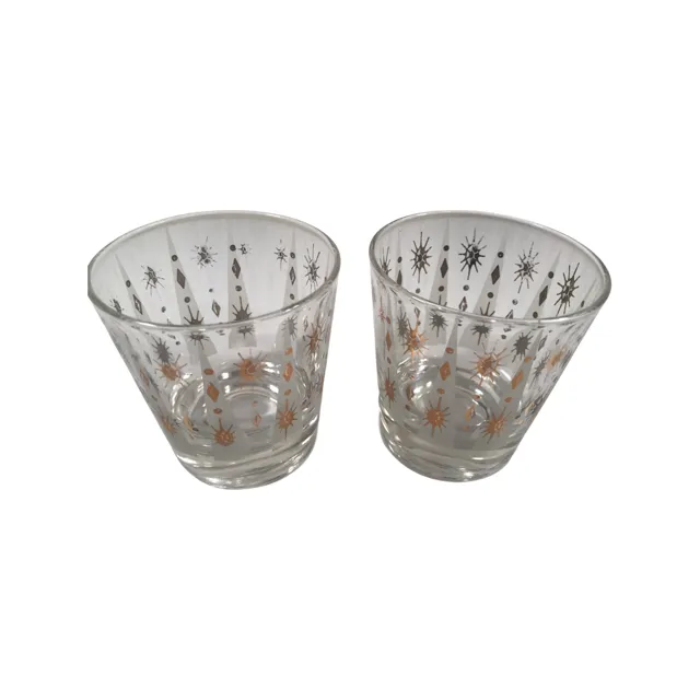 Fred Press Signed Mid-Century 22-Karat Gold and White Atomic Star Glasses (Set of 2)