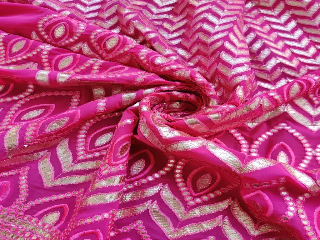 Fuchsia Pink Floral Gota Patti Embroidered Georgette Fabric