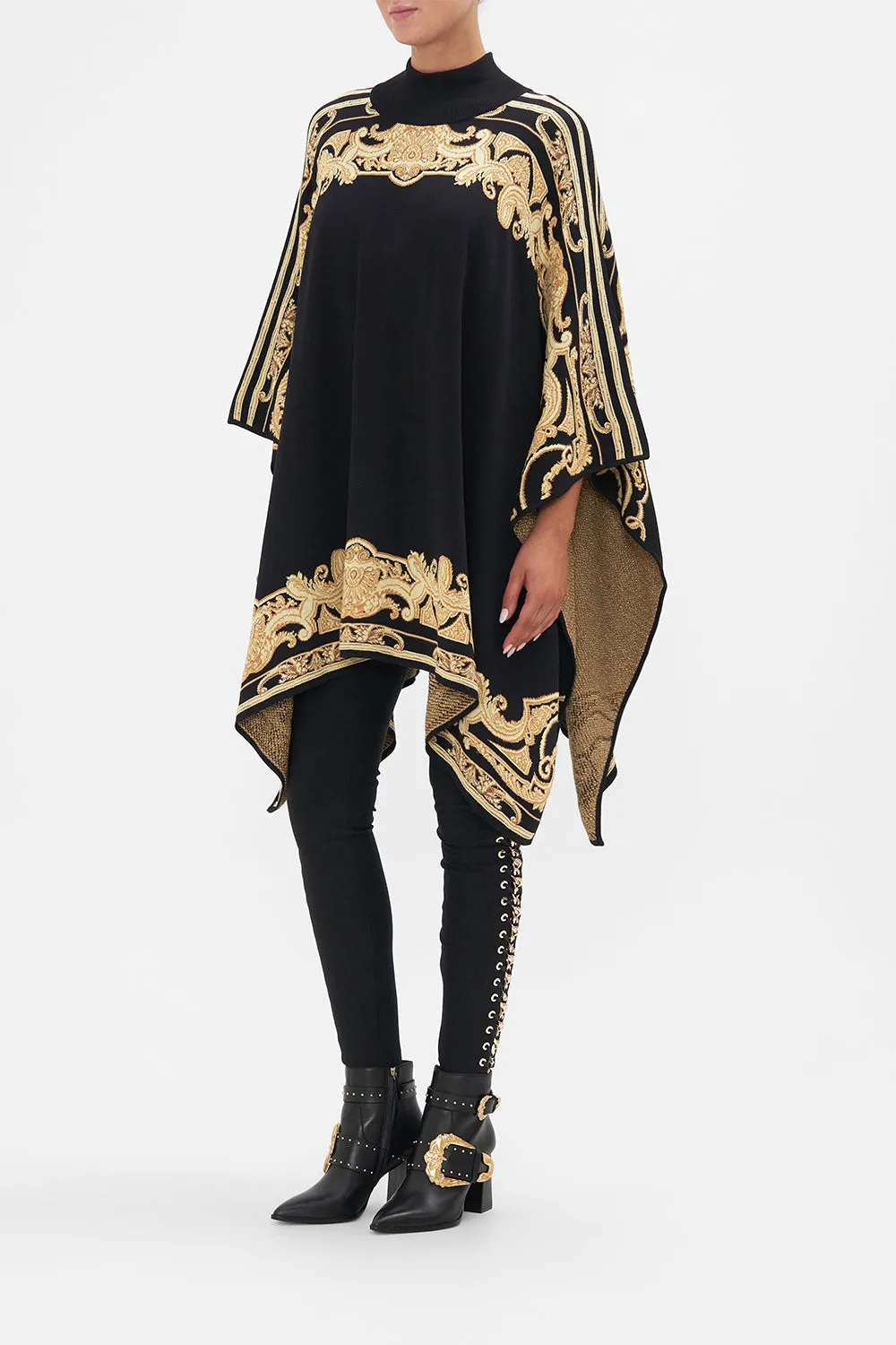 FUNNEL NECK DRAPE KNIT PONCHO TETHER ME NOT