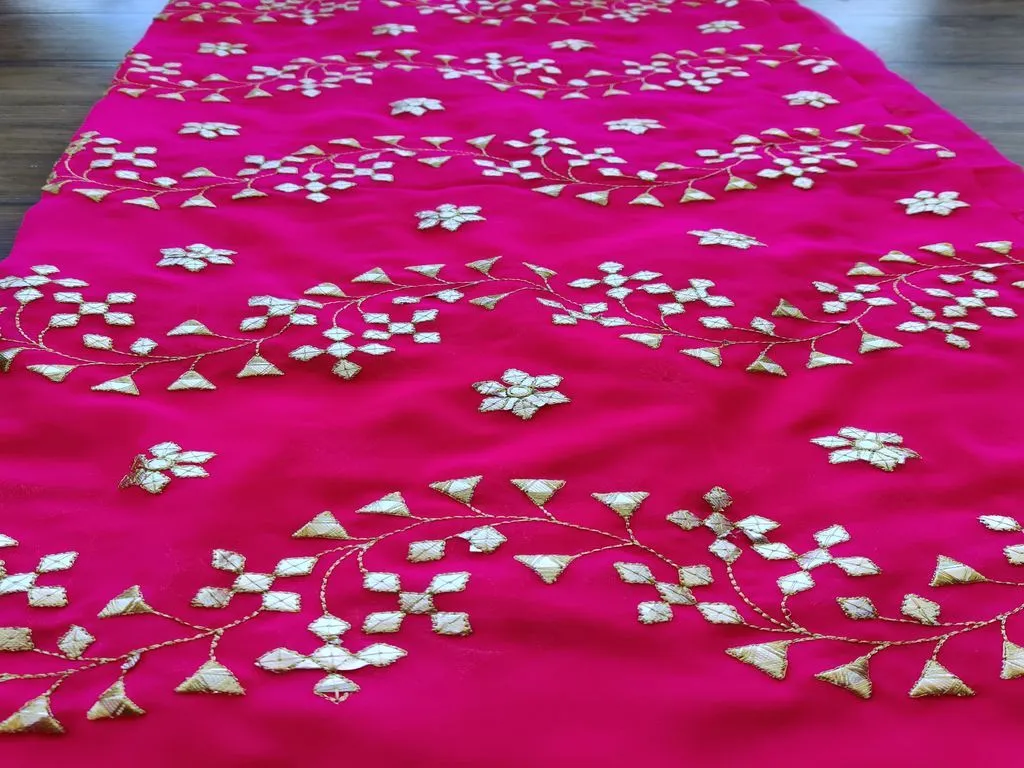 Fuschia Pink Golden Gotta Patti Floral Embroidered Georgette Fabric