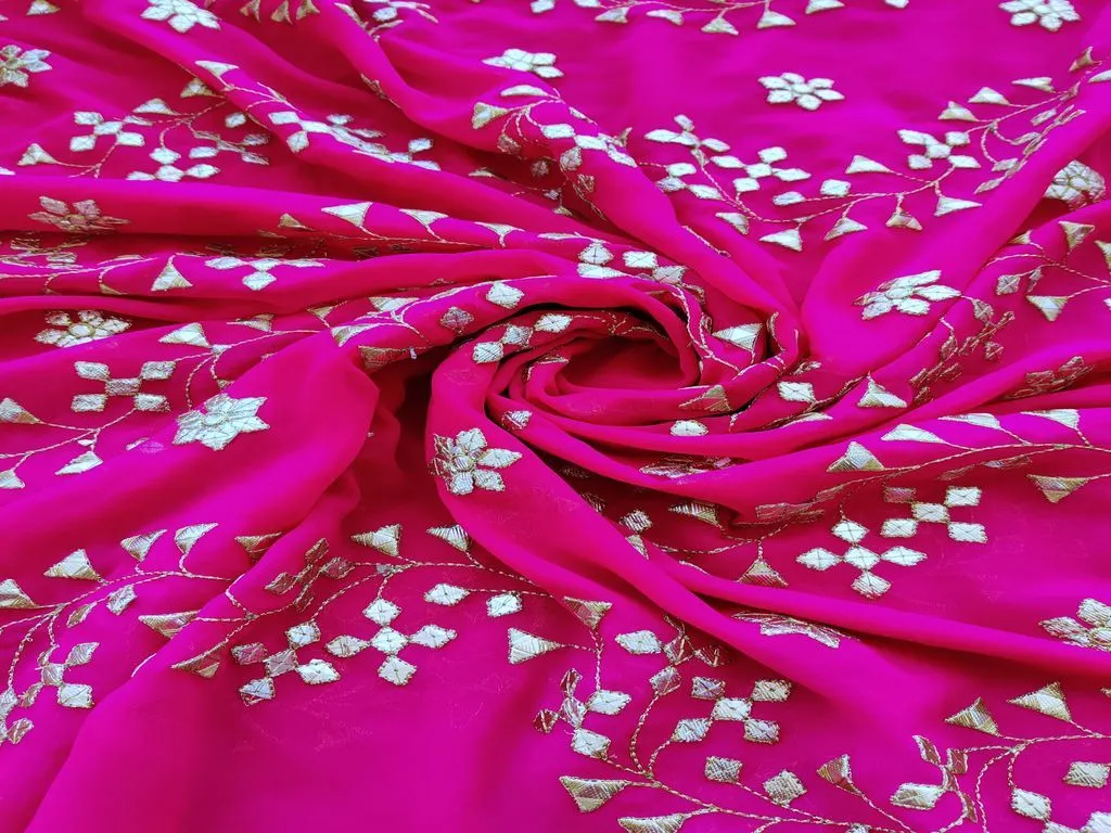 Fuschia Pink Golden Gotta Patti Floral Embroidered Georgette Fabric