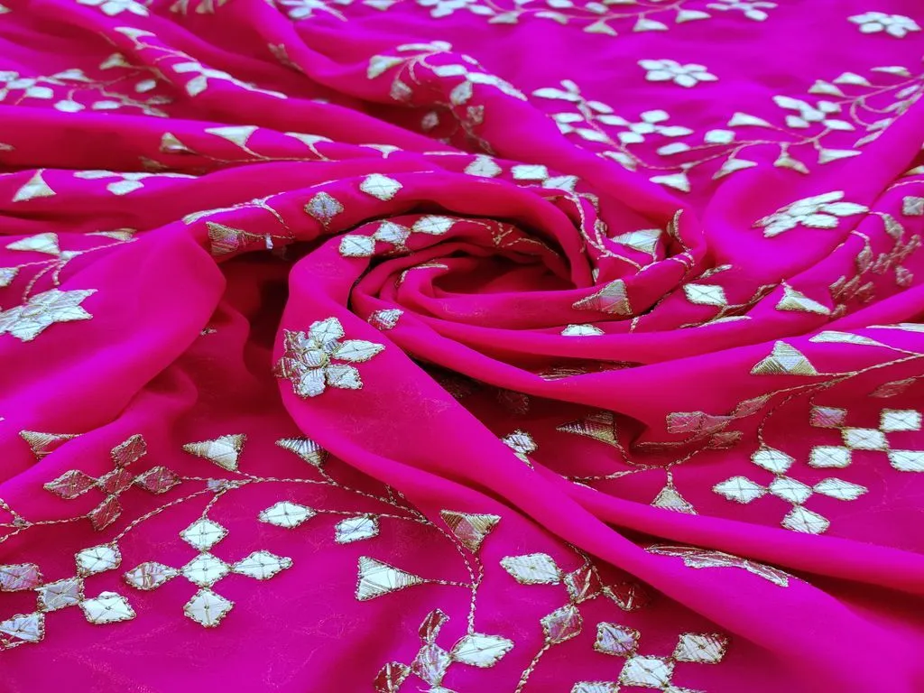 Fuschia Pink Golden Gotta Patti Floral Embroidered Georgette Fabric