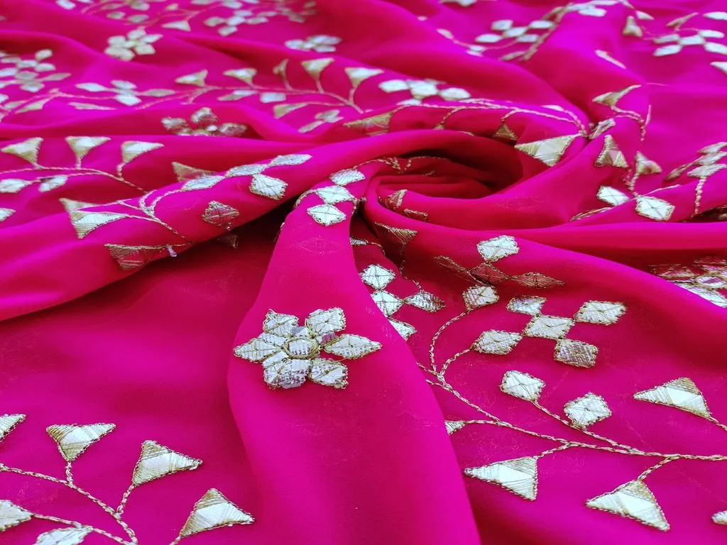 Fuschia Pink Golden Gotta Patti Floral Embroidered Georgette Fabric