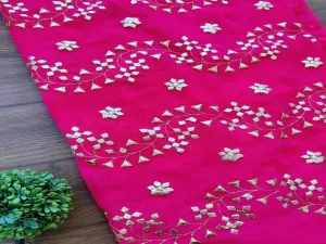 Fuschia Pink Golden Gotta Patti Floral Embroidered Georgette Fabric