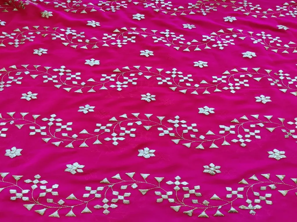 Fuschia Pink Golden Gotta Patti Floral Embroidered Georgette Fabric