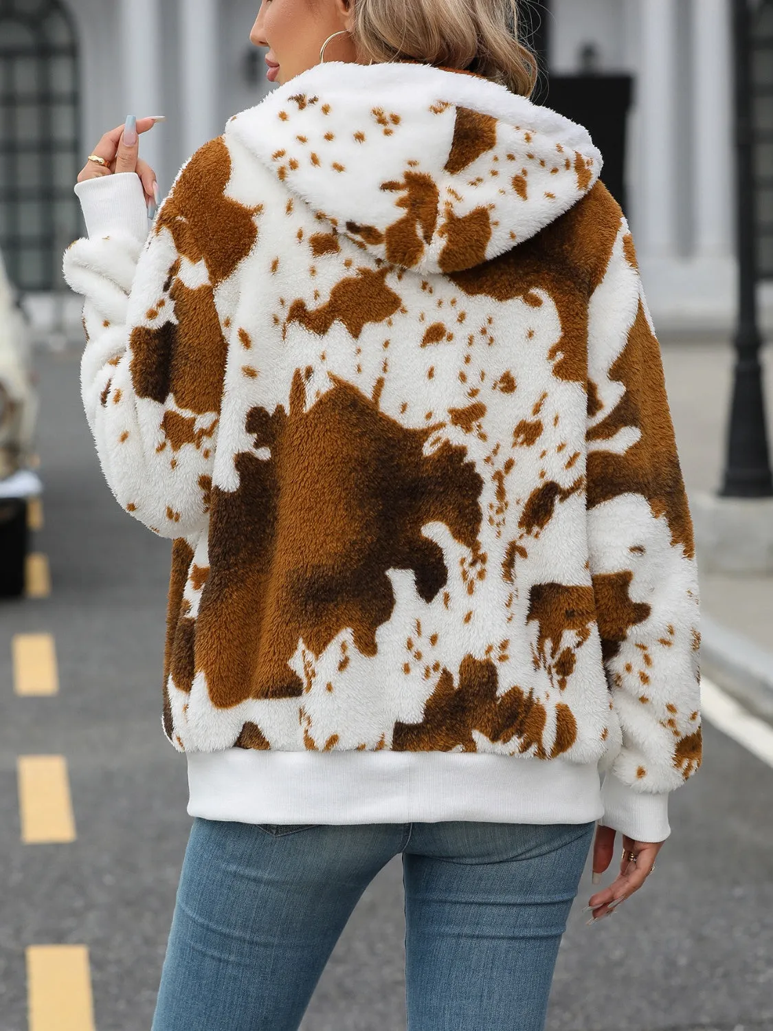 Fuzzy Cow Print Drawstring Zip Up Hooded Jacket