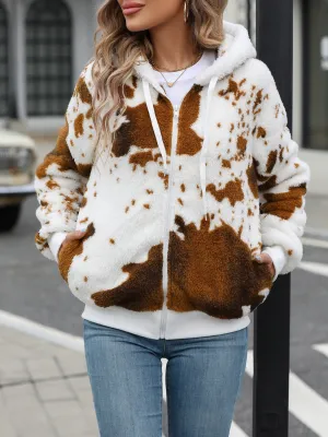 Fuzzy Cow Print Drawstring Zip Up Hooded Jacket