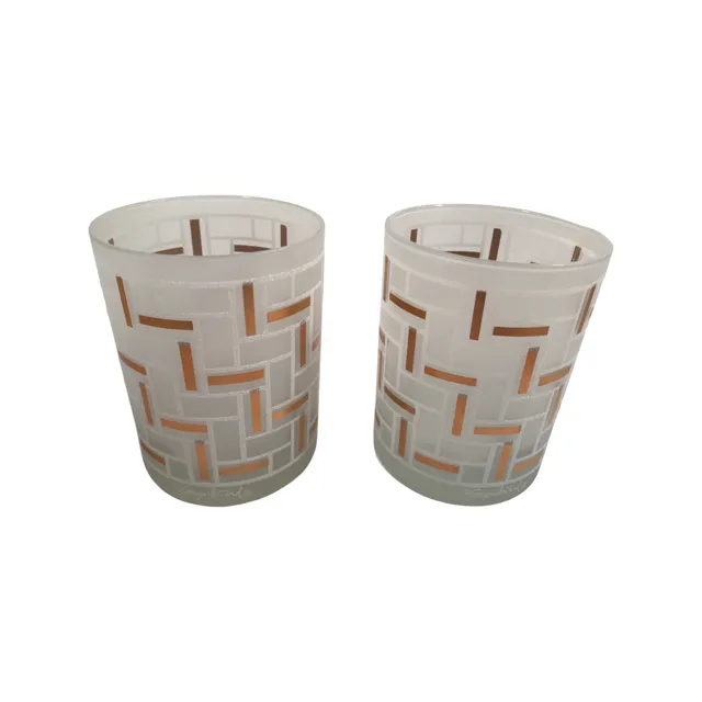 Georges Briard Signed Gold and Frosted Geometric Modern Double Old Fashion Glasses (Set of 2)