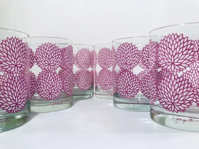 Georges Briard Signed Mid-Century Lavender and White Zinnia Double Old Fashion Glasses (Set of 6)