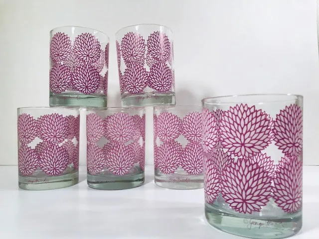 Georges Briard Signed Mid-Century Lavender and White Zinnia Double Old Fashion Glasses (Set of 6)