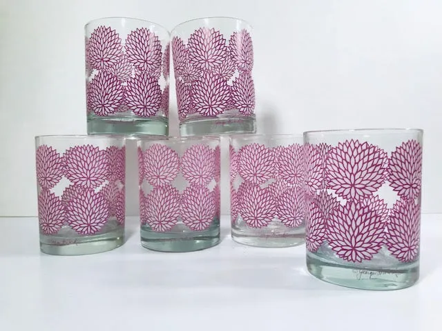 Georges Briard Signed Mid-Century Lavender and White Zinnia Double Old Fashion Glasses (Set of 6)