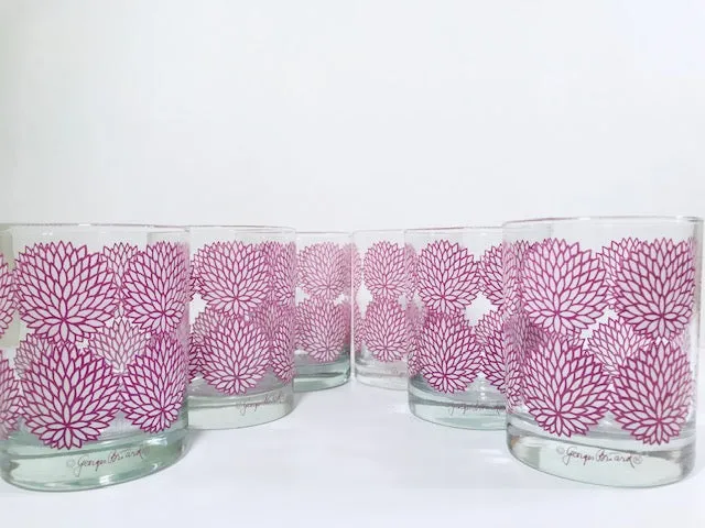 Georges Briard Signed Mid-Century Lavender and White Zinnia Double Old Fashion Glasses (Set of 6)