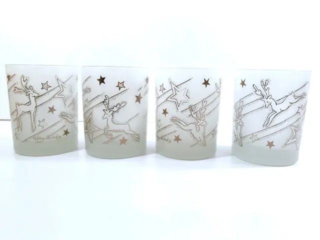 Georges Briard Signed Mid-Century Silver Reindeer Double Old Fashion Glasses (Set of 4)