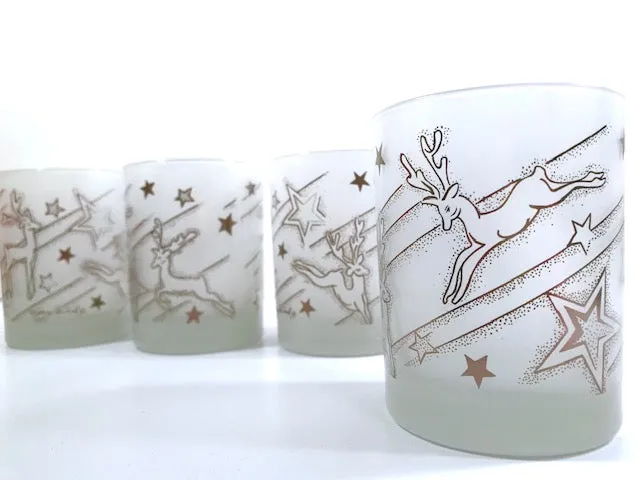 Georges Briard Signed Mid-Century Silver Reindeer Double Old Fashion Glasses (Set of 4)