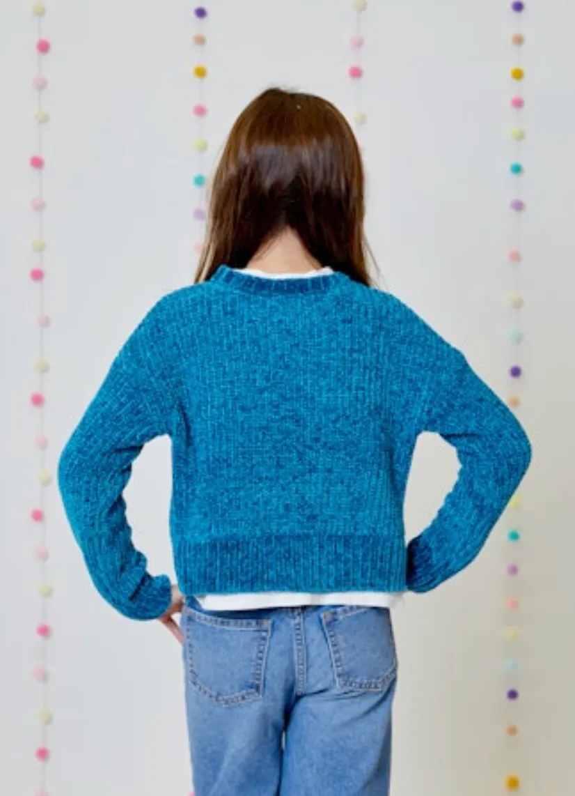 Girls Blue Chenille Sweater