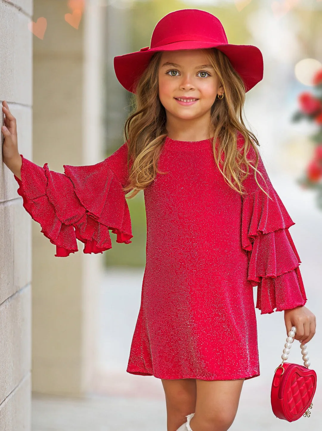 GLITTER GLAM RED RUFFLE SLEEVE SHIFT DRESS